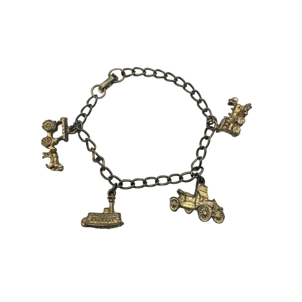 Vintage Gold-Tone Charm Bracelet With Antique Vehicle Charms Chain Link